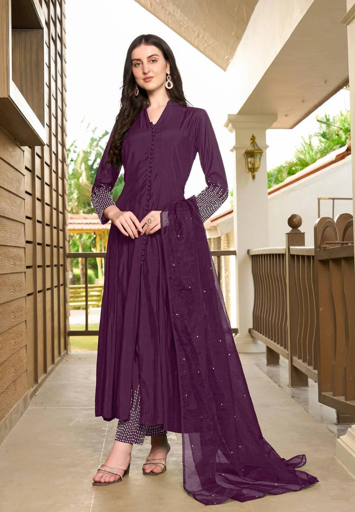 Violet Embroidered Art Silk Anarkali Suit