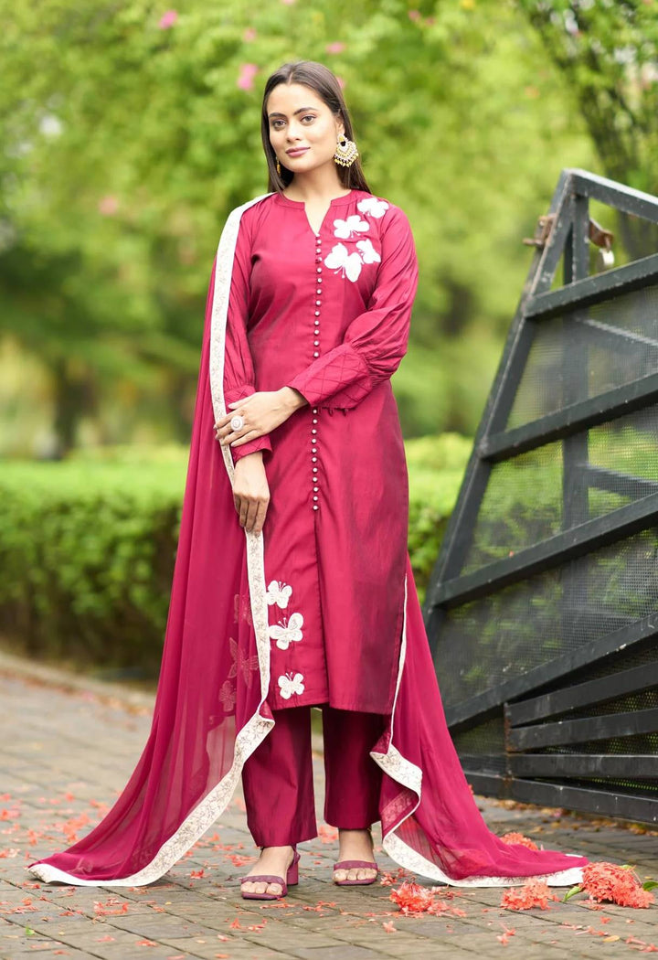 Pink Embroidered Art Silk Straight Suit