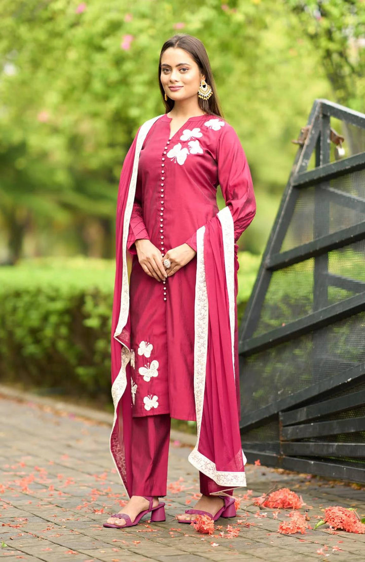 Pink Embroidered Art Silk Straight Suit