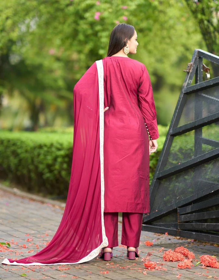 Pink Embroidered Art Silk Straight Suit