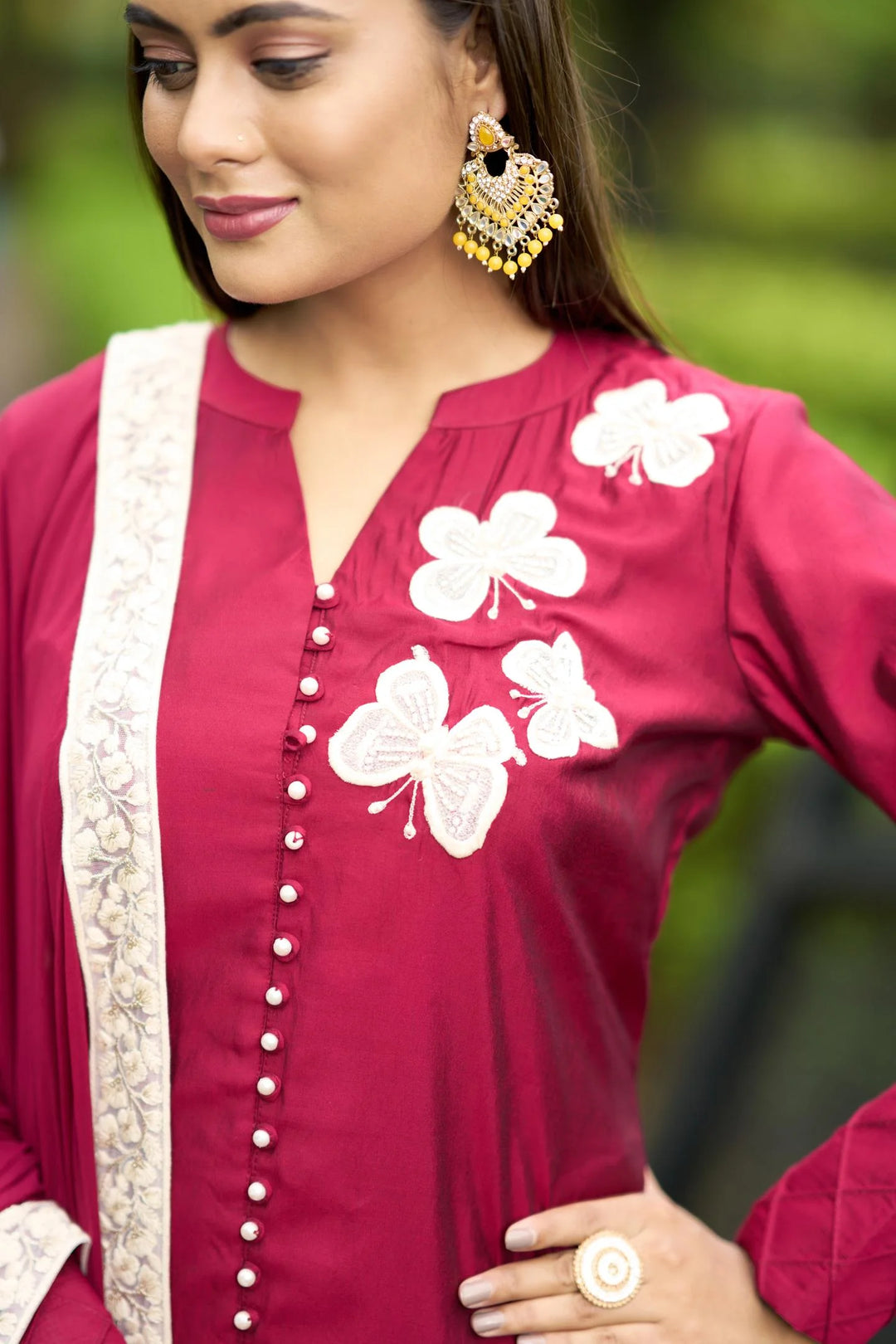 Pink Embroidered Art Silk Straight Suit