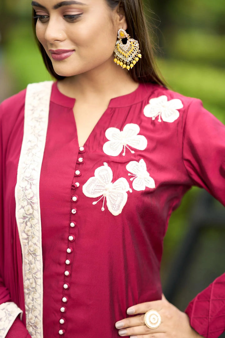 Pink Embroidered Art Silk Straight Suit