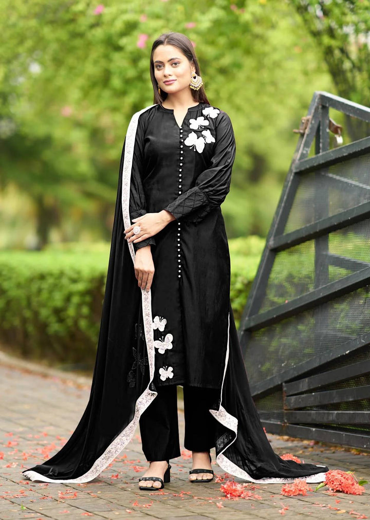 Black Embroidered Art Silk Straight Suit
