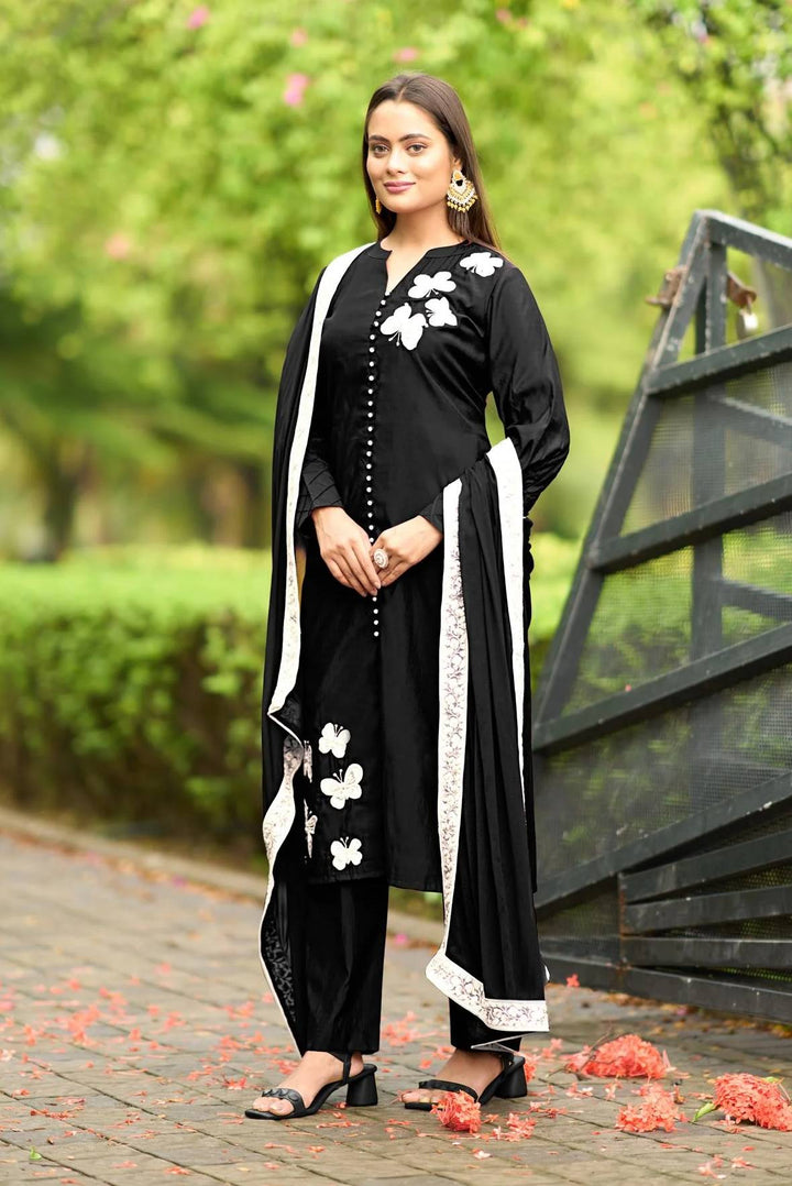 Black Embroidered Art Silk Straight Suit