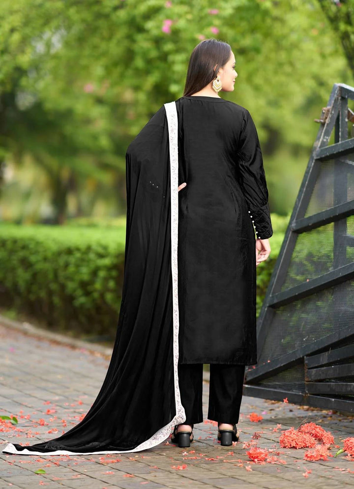 Black Embroidered Art Silk Straight Suit