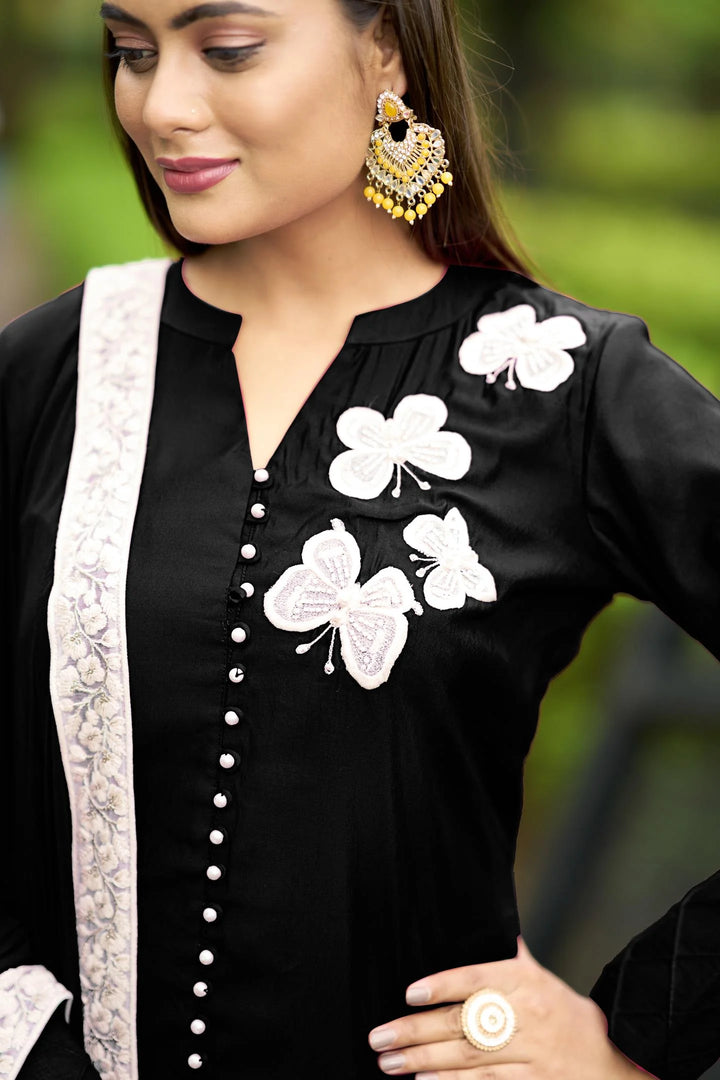 Black Embroidered Art Silk Straight Suit