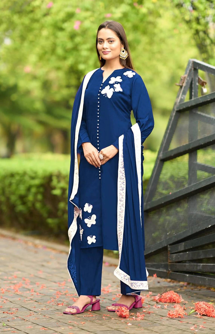 Blue Embroidered Art Silk Straight Suit