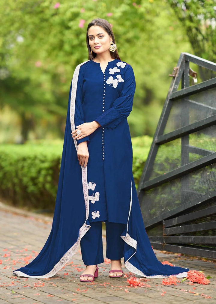 Blue Embroidered Art Silk Straight Suit