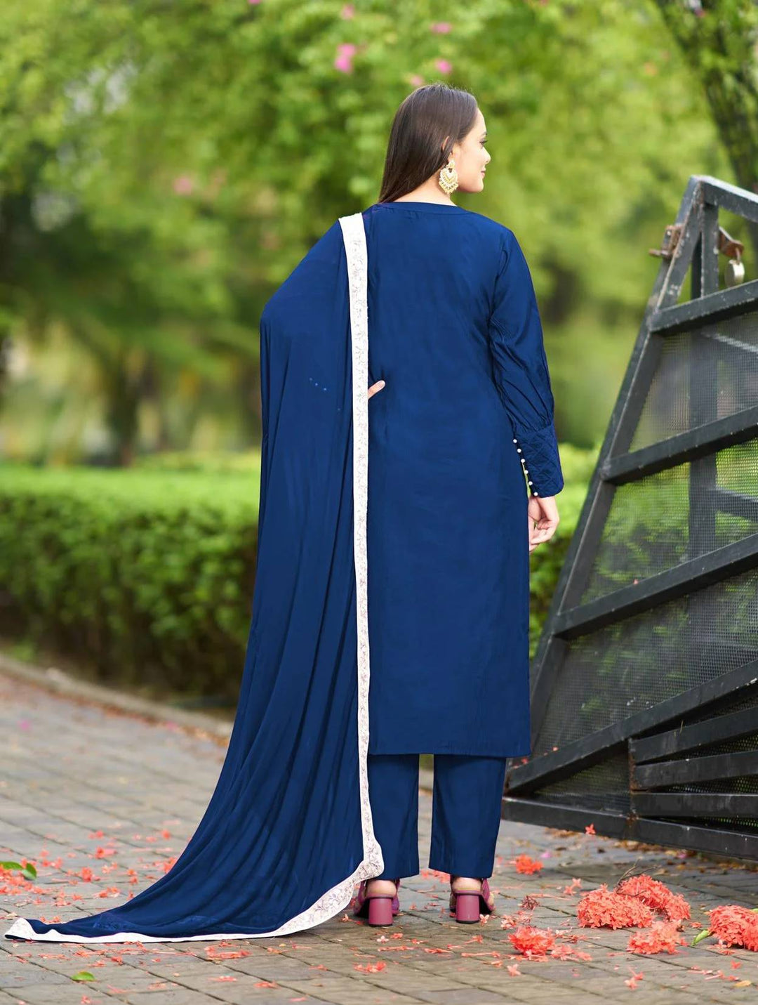 Blue Embroidered Art Silk Straight Suit