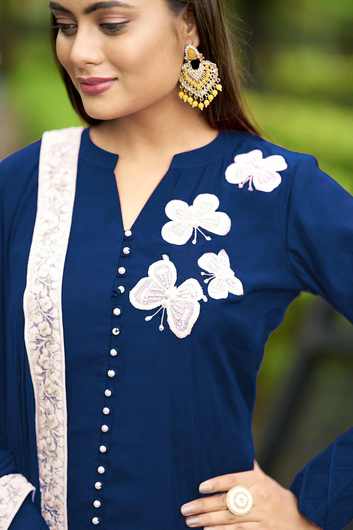Blue Embroidered Art Silk Straight Suit