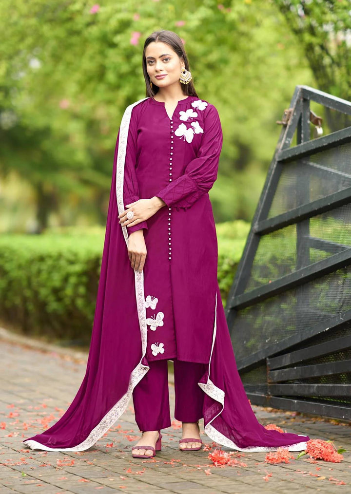 Dark Pink Embroidered Art Silk Straight Suit
