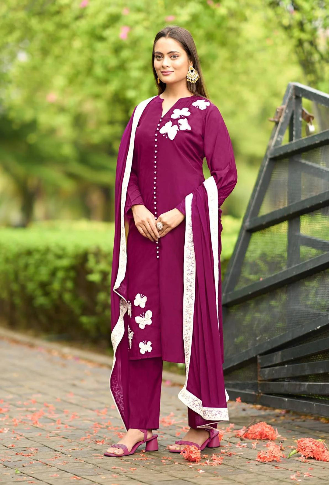 Dark Pink Embroidered Art Silk Straight Suit