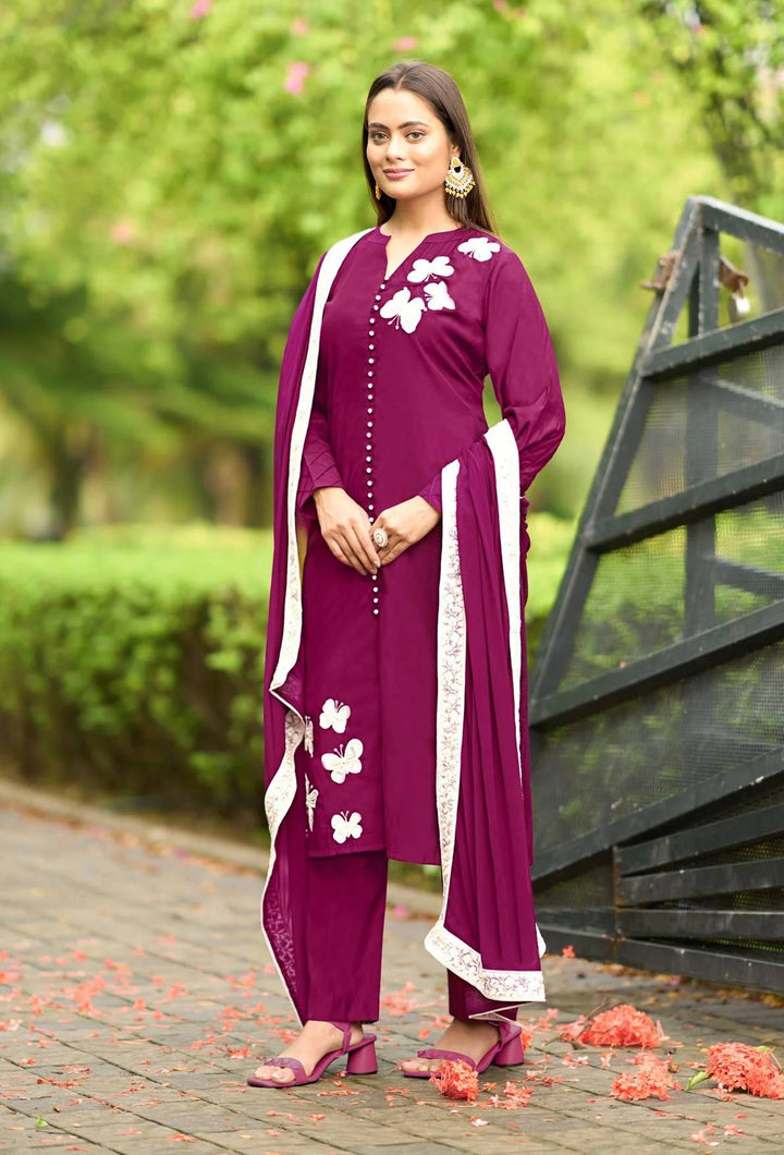 Dark Pink Embroidered Art Silk Straight Suit
