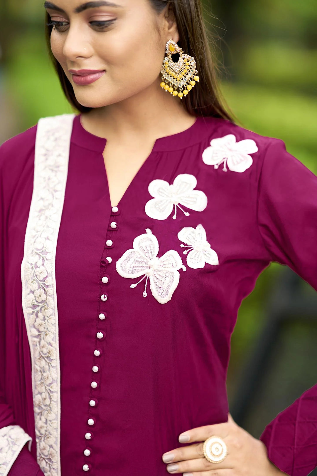 Dark Pink Embroidered Art Silk Straight Suit