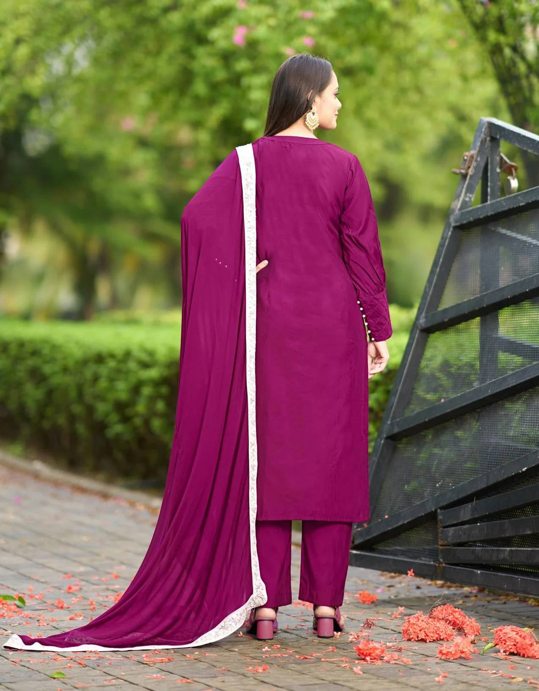 Dark Pink Embroidered Art Silk Straight Suit