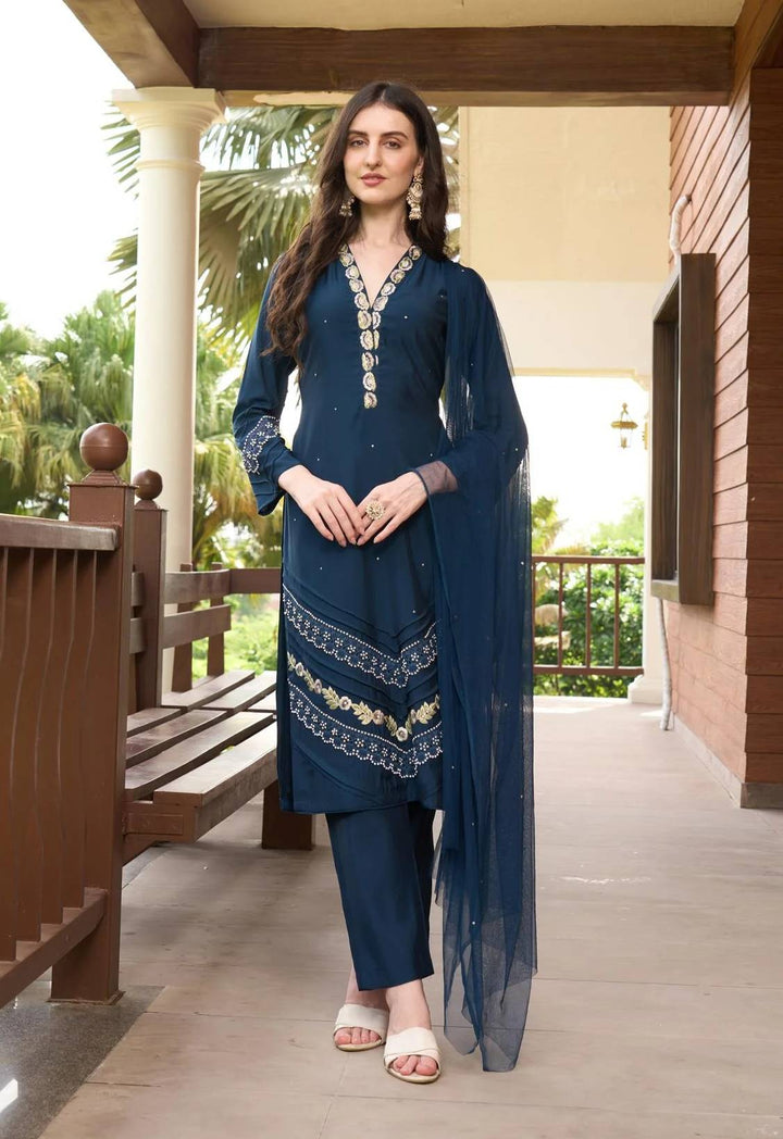 Navy Blue Embroidered Art Silk Straight Suit