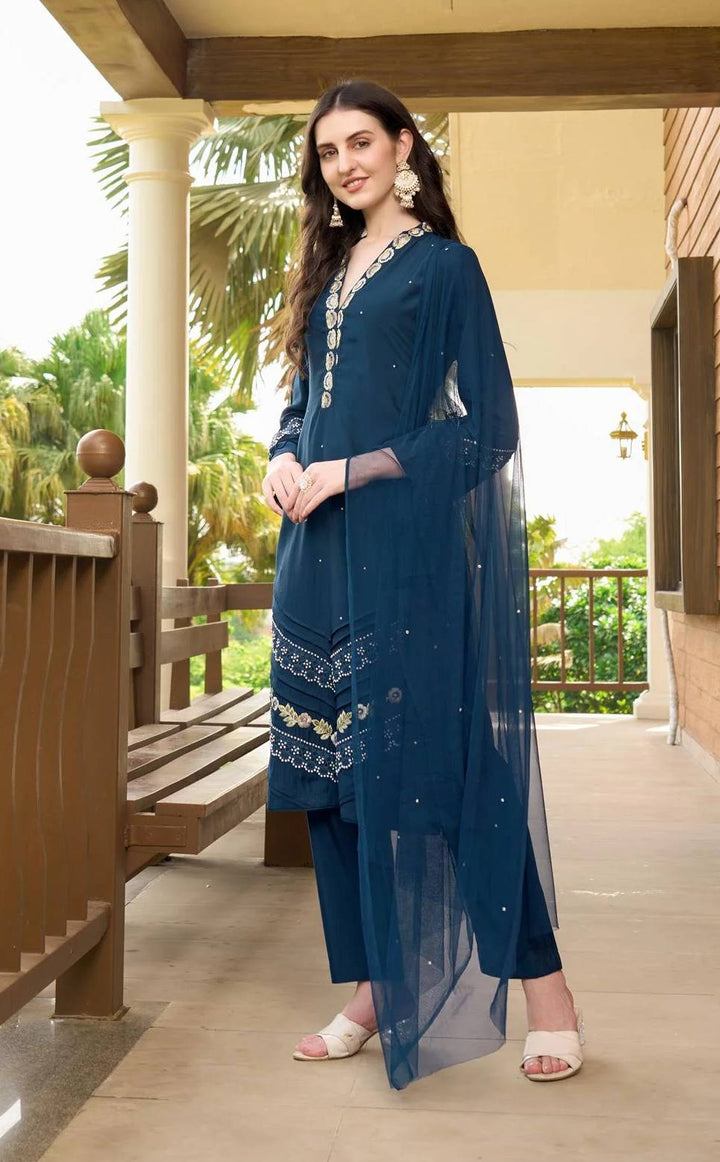 Navy Blue Embroidered Art Silk Straight Suit