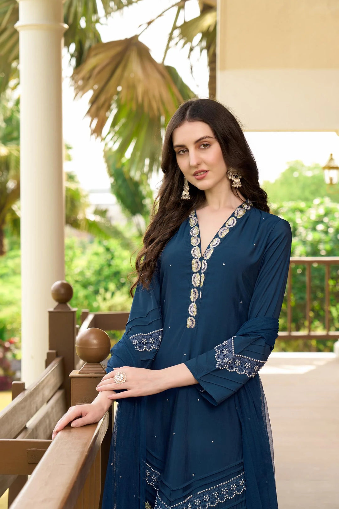 Navy Blue Embroidered Art Silk Straight Suit