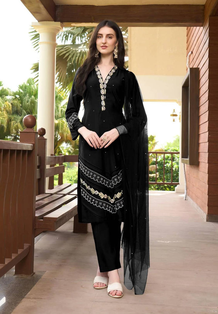 Black Embroidered Art Silk Straight Suit