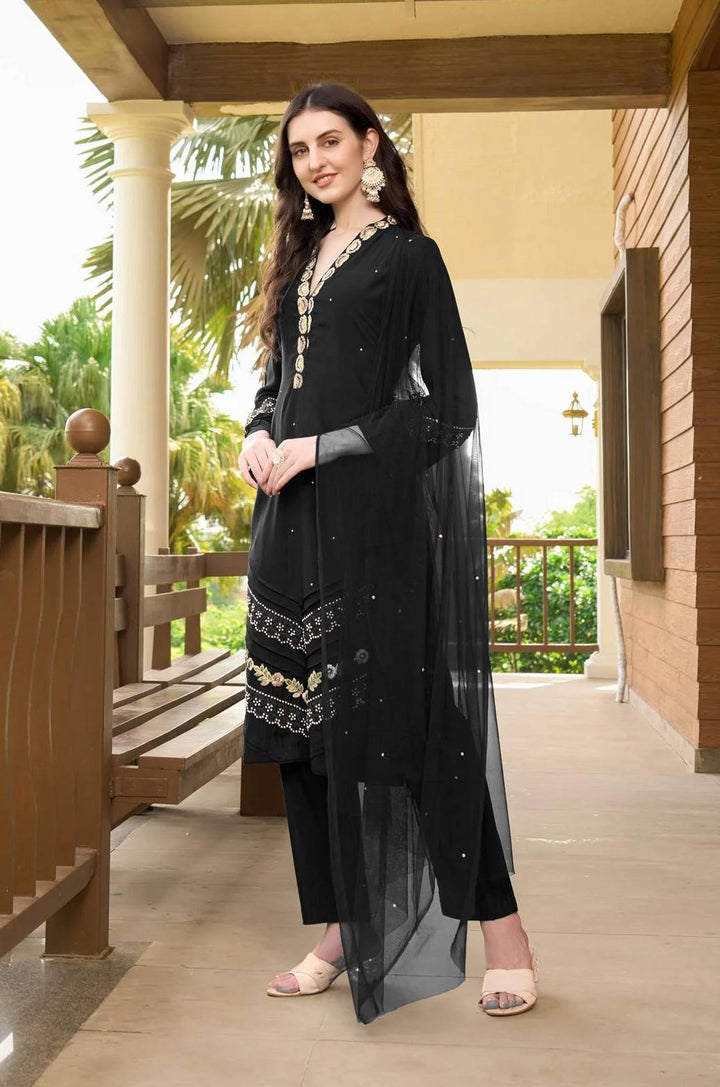 Black Embroidered Art Silk Straight Suit