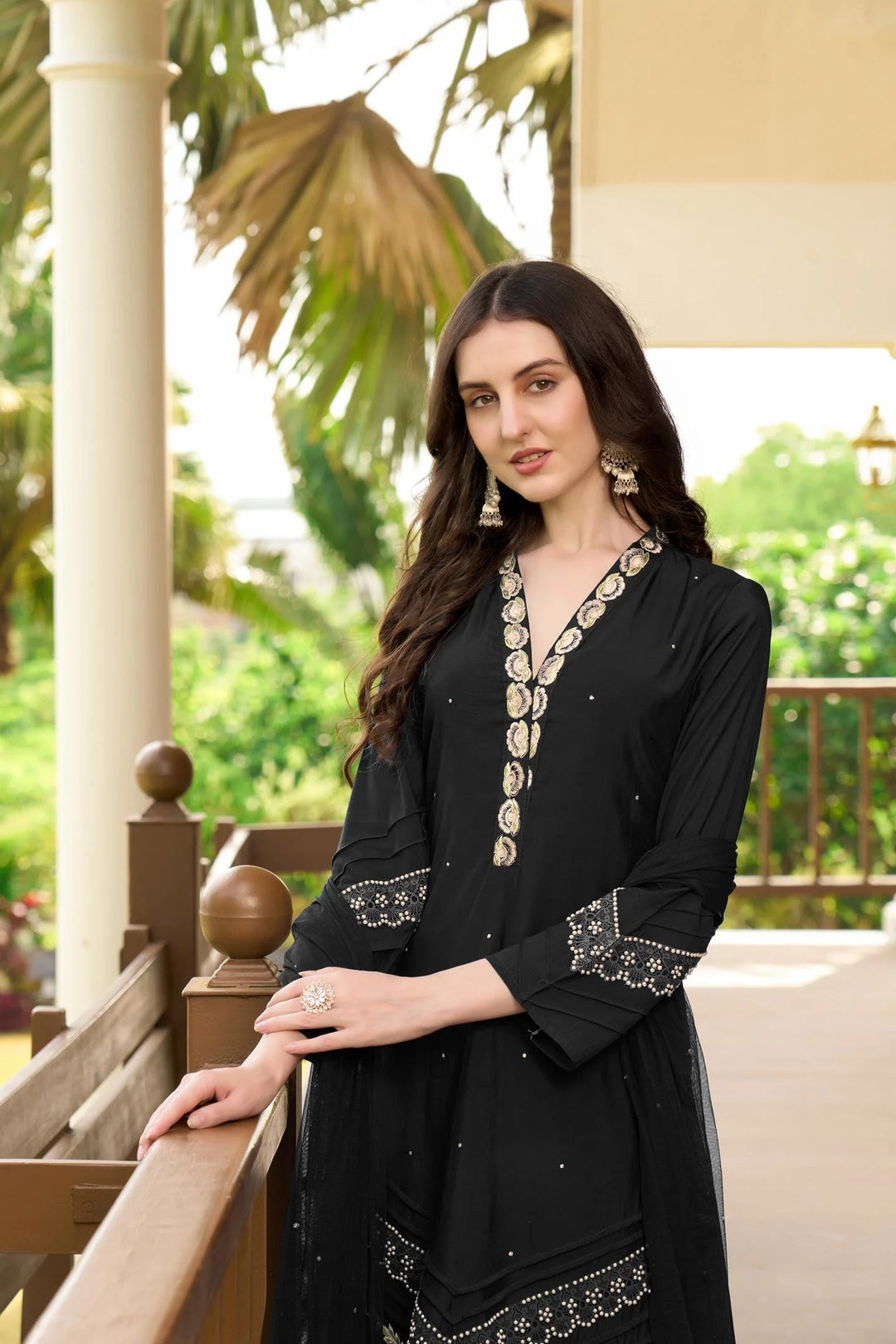 Black Embroidered Art Silk Straight Suit