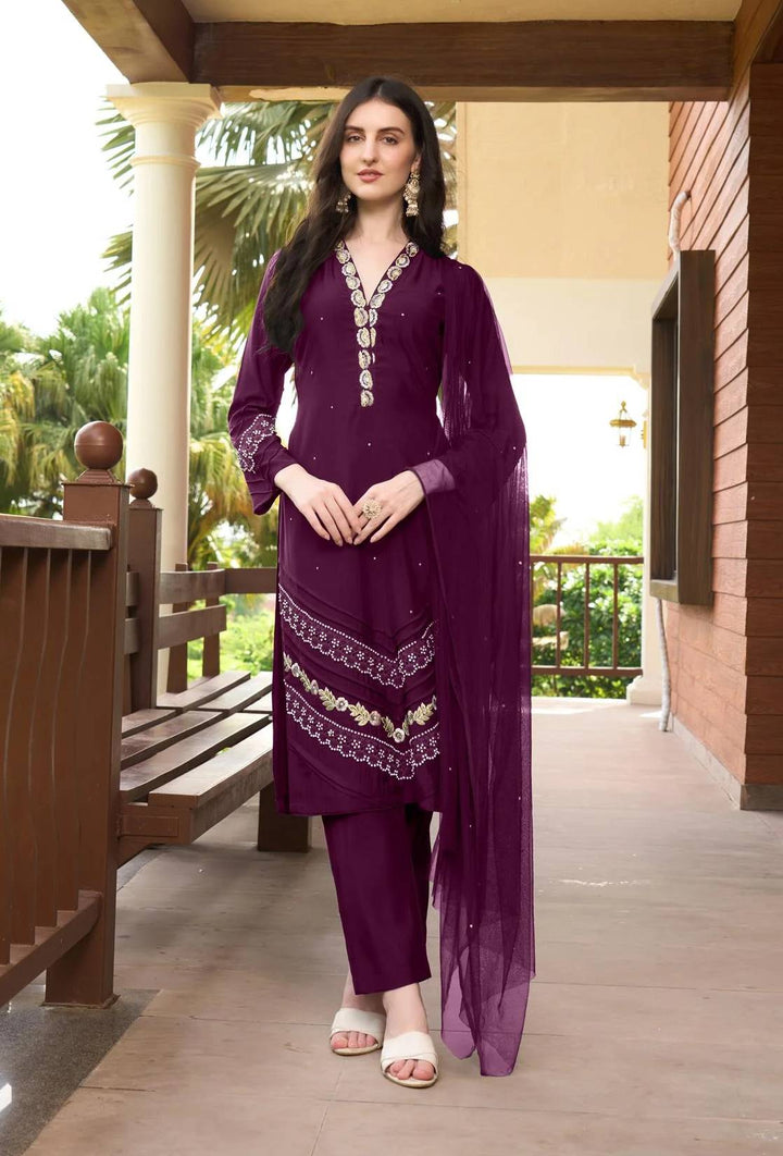 Violet Embroidered Art Silk Straight Suit