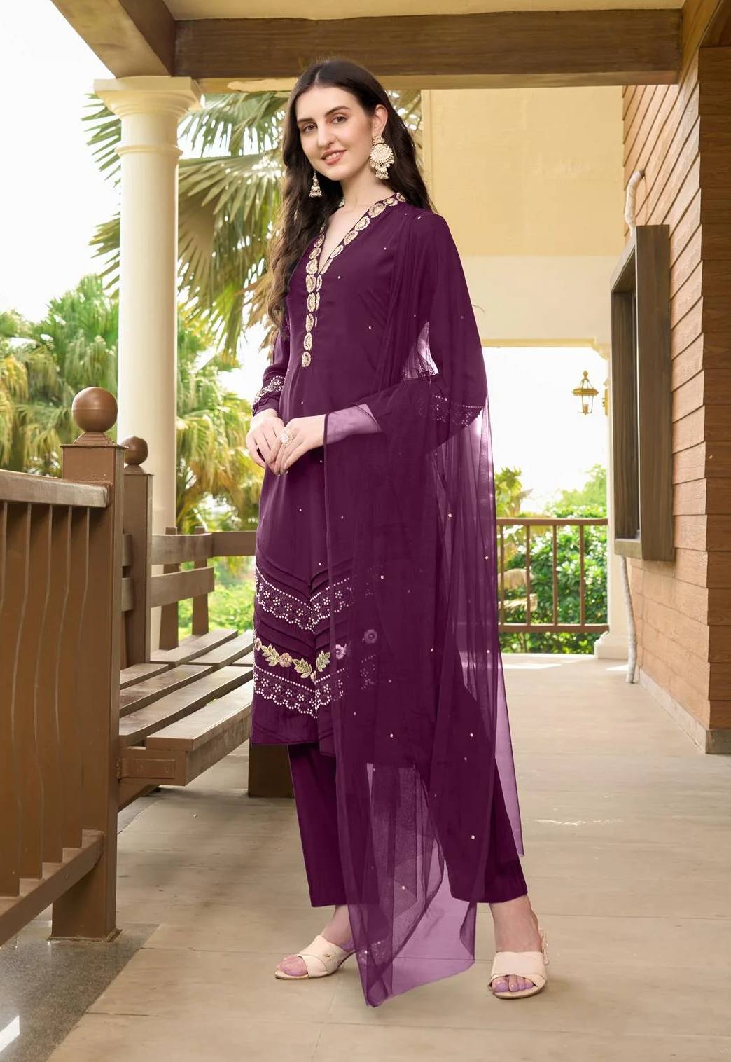 Violet Embroidered Art Silk Straight Suit