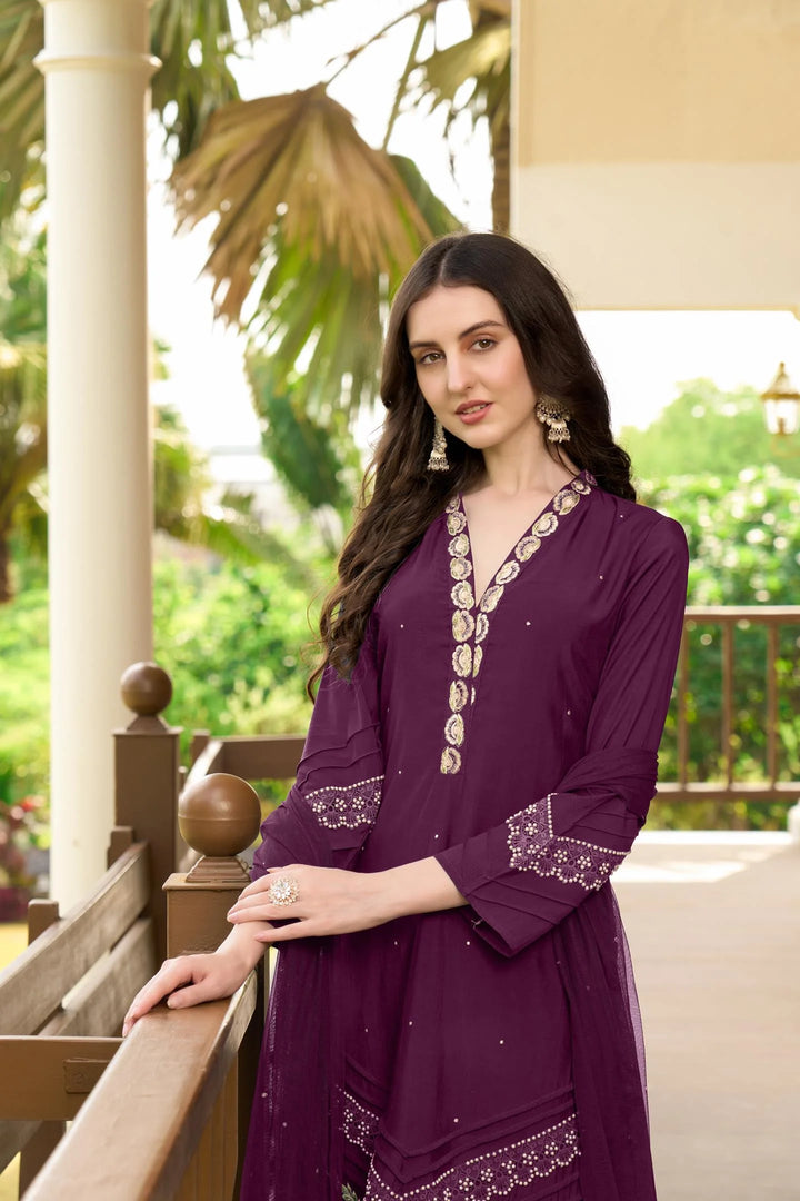 Violet Embroidered Art Silk Straight Suit
