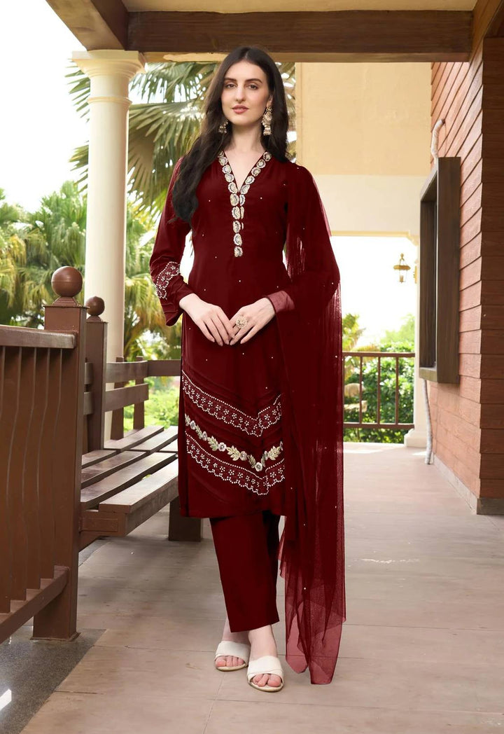 Maroon Embroidered Art Silk Straight Suit