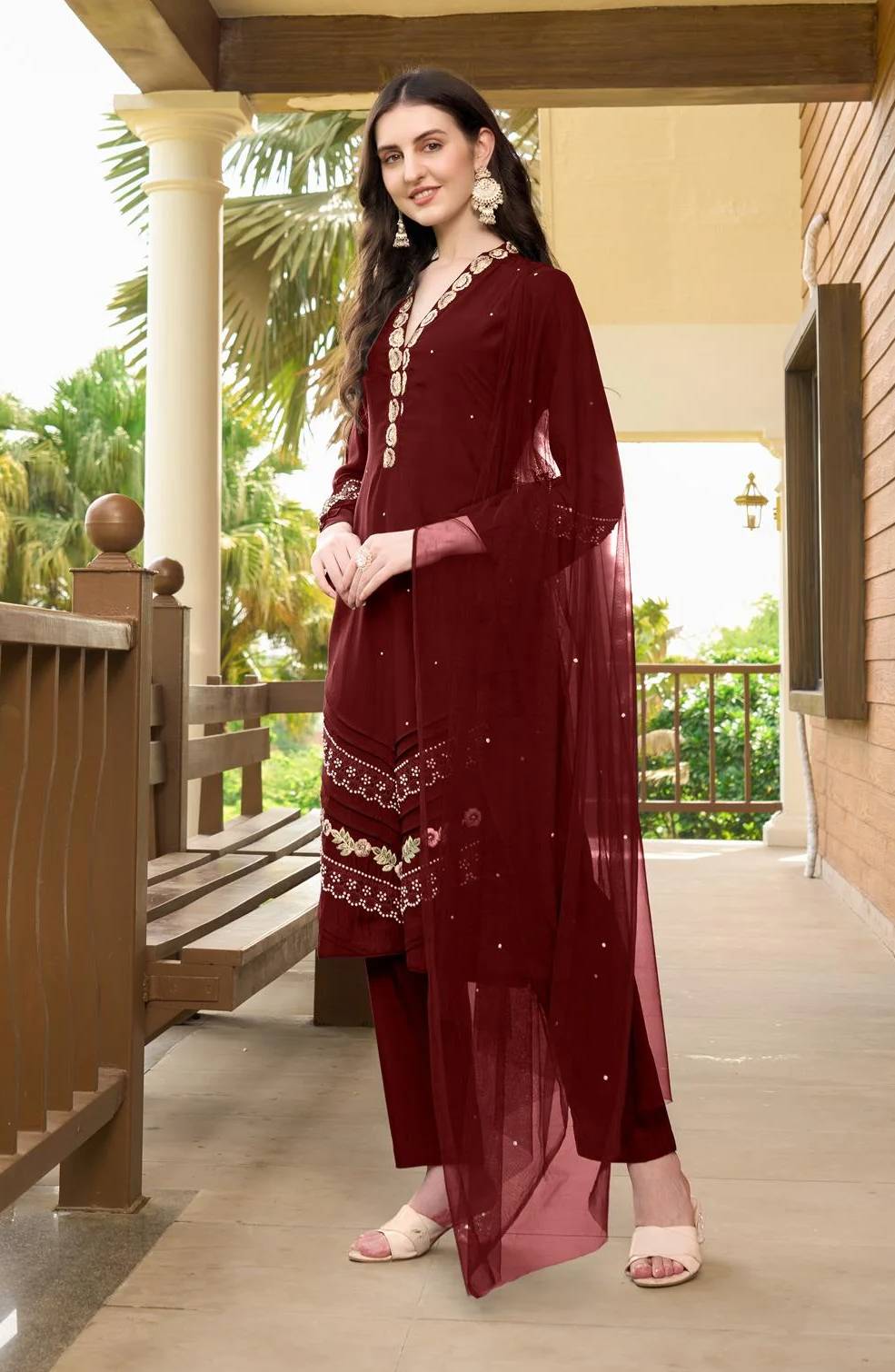 Maroon Embroidered Art Silk Straight Suit