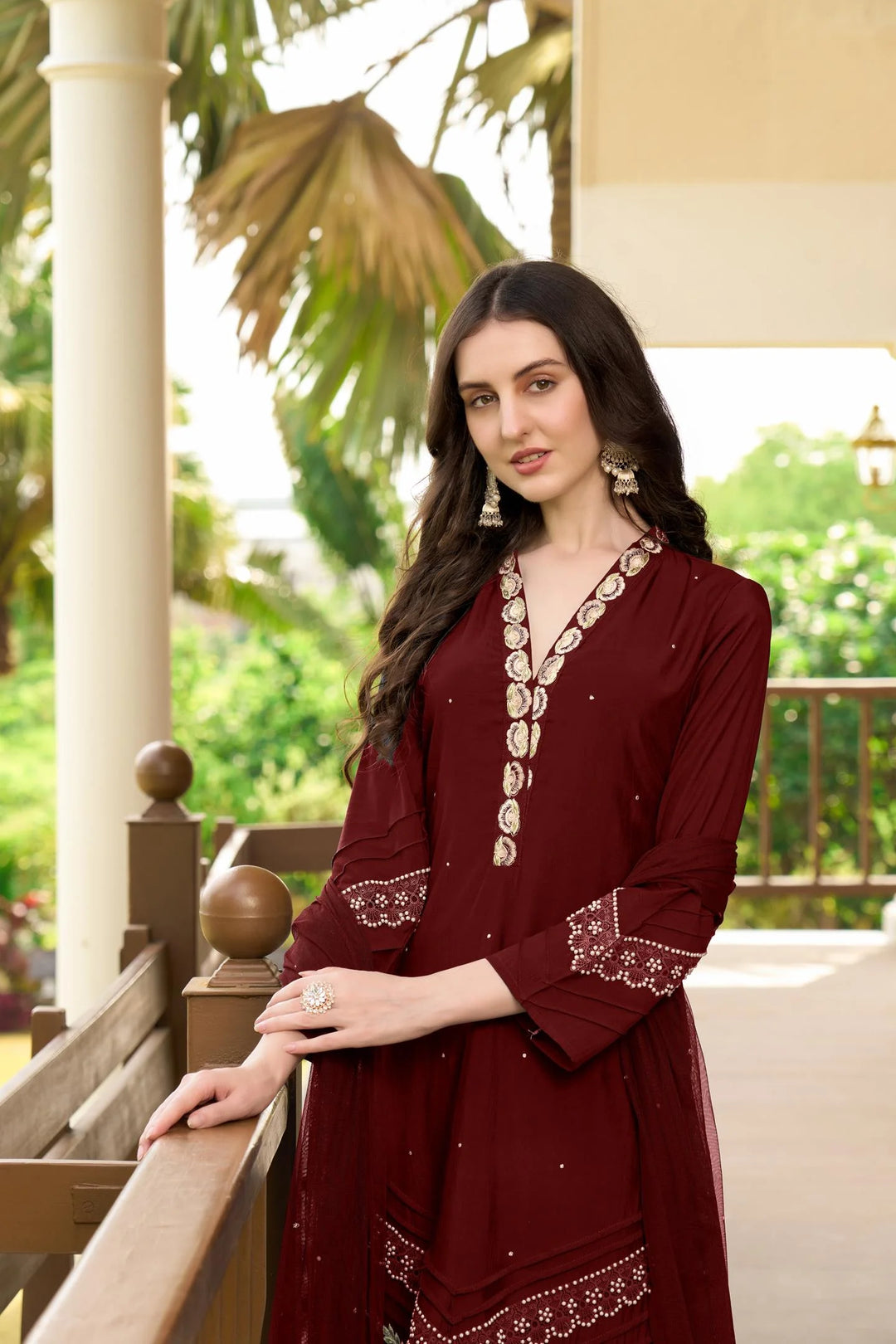 Maroon Embroidered Art Silk Straight Suit