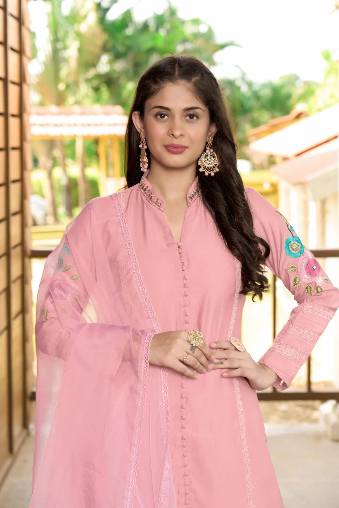 Light Pink Embroidered Art Silk Straight Suit