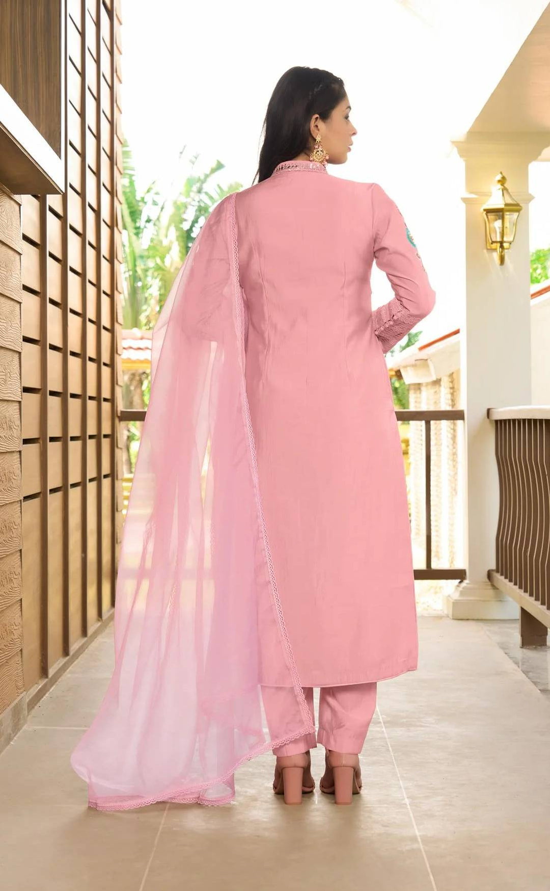 Light Pink Embroidered Art Silk Straight Suit