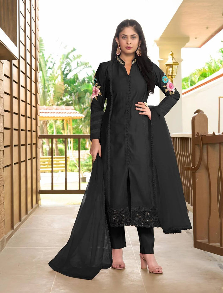 Black Embroidered Art Silk Straight Suit