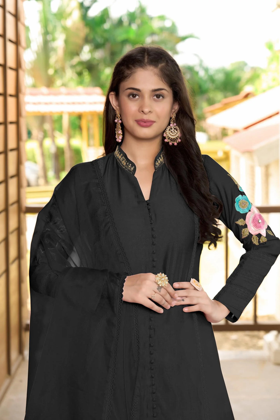 Black Embroidered Art Silk Straight Suit