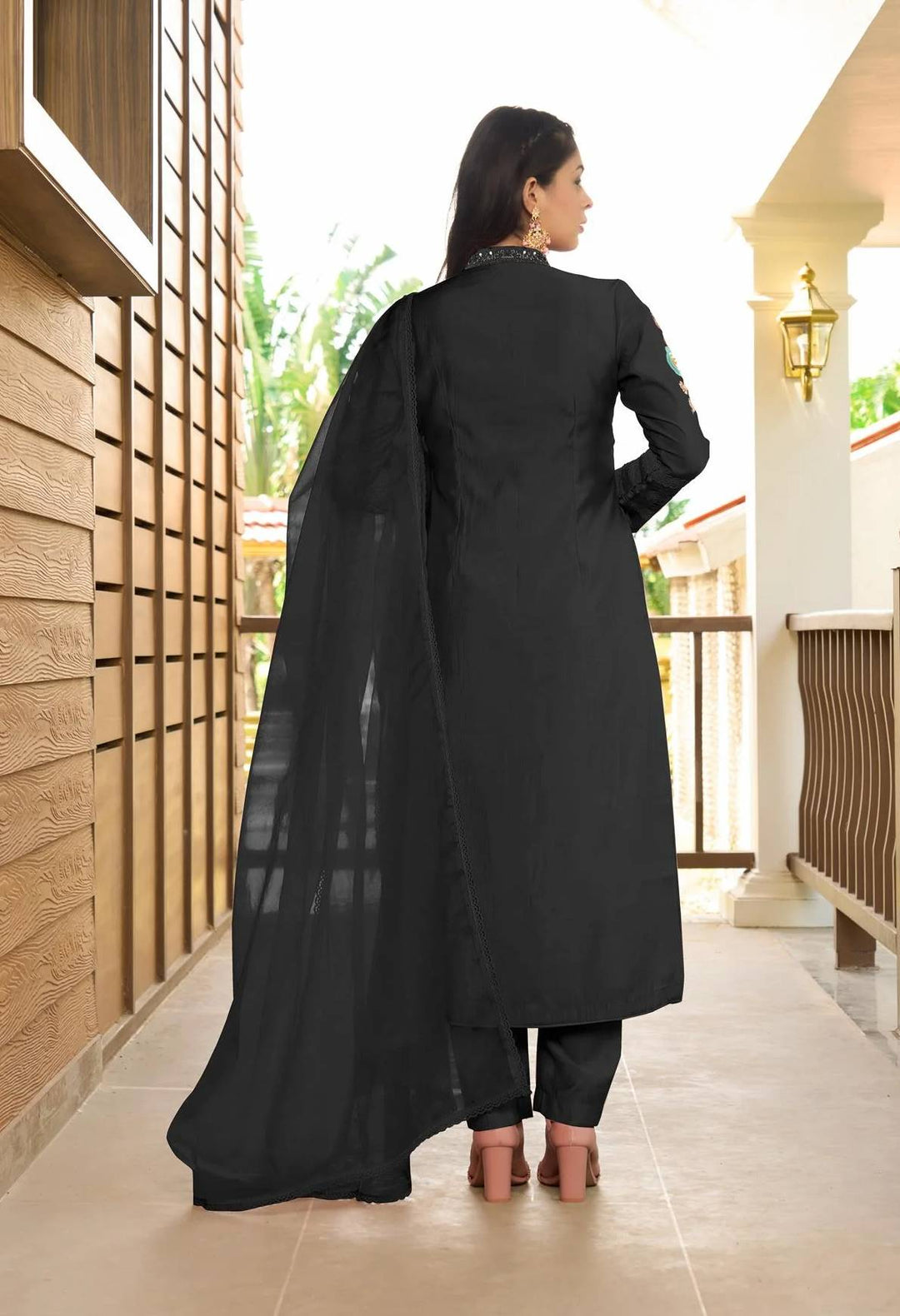 Black Embroidered Art Silk Straight Suit