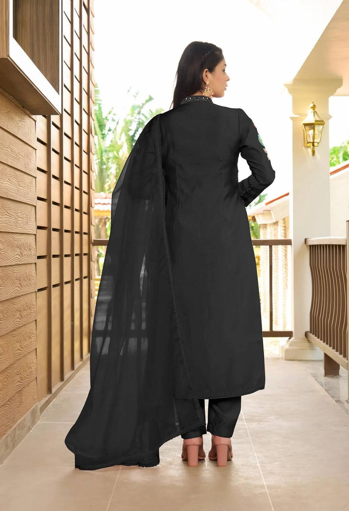 Black Embroidered Art Silk Straight Suit