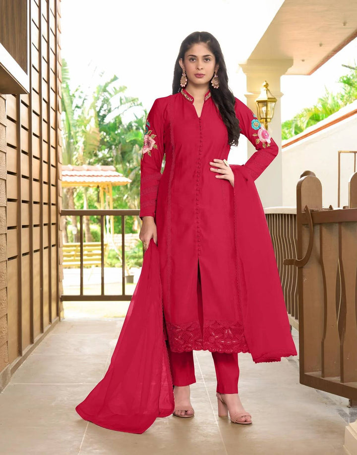 Pink Embroidered Art Silk Straight Suit