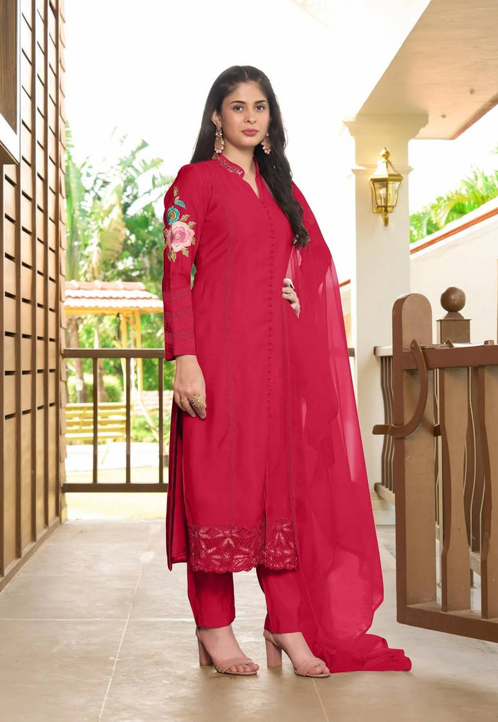 Pink Embroidered Art Silk Straight Suit