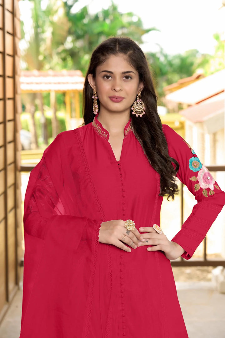 Pink Embroidered Art Silk Straight Suit