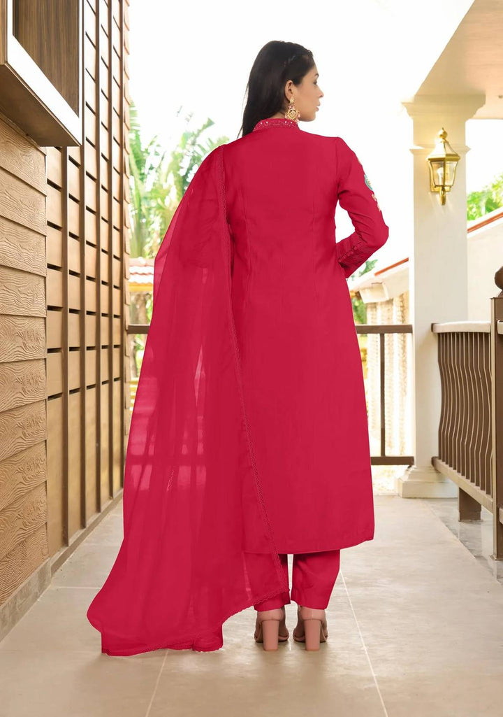 Pink Embroidered Art Silk Straight Suit