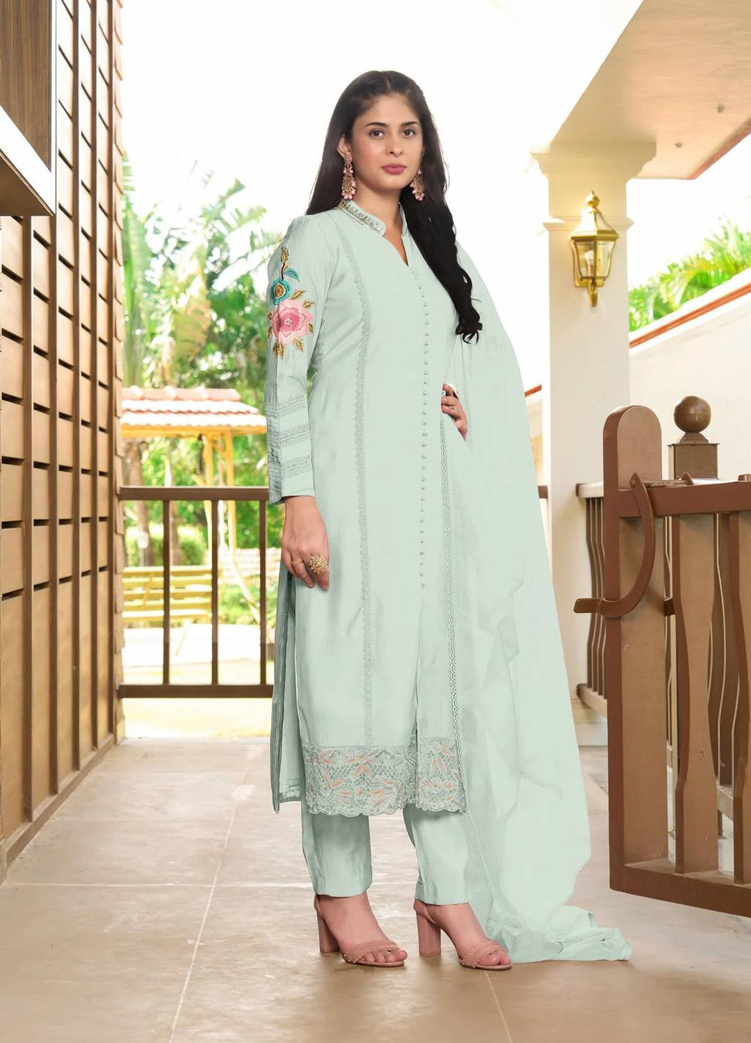 Sea Green Embroidered Art Silk Straight Suit