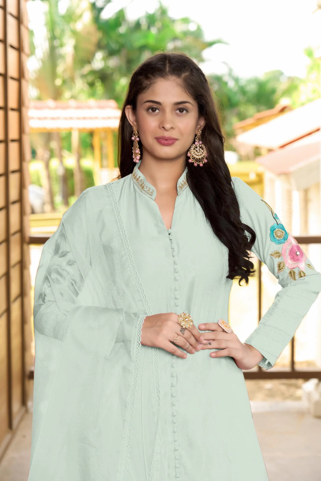 Sea Green Embroidered Art Silk Straight Suit