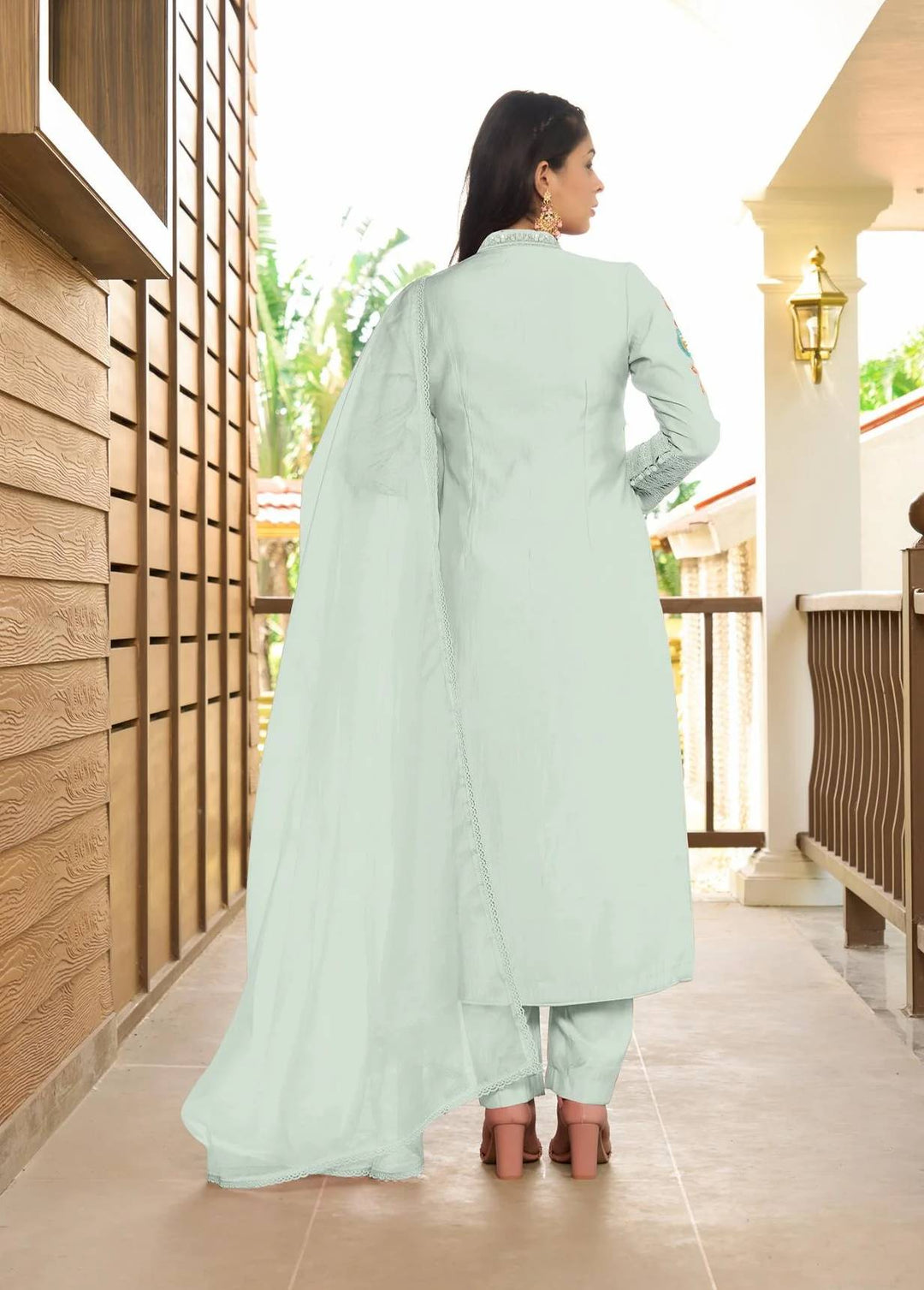 Sea Green Embroidered Art Silk Straight Suit