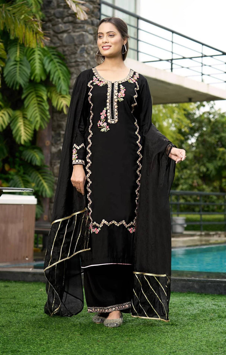 Black Embroidered Art Silk Straight Suit