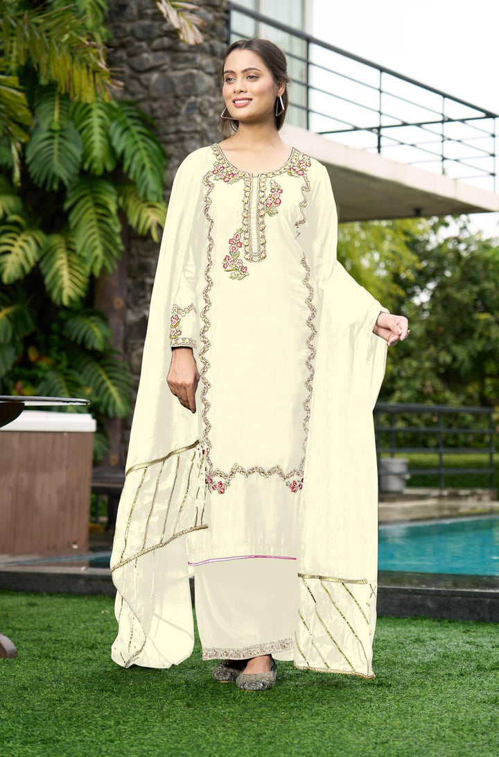 Cream Embroidered Art Silk Straight Suit