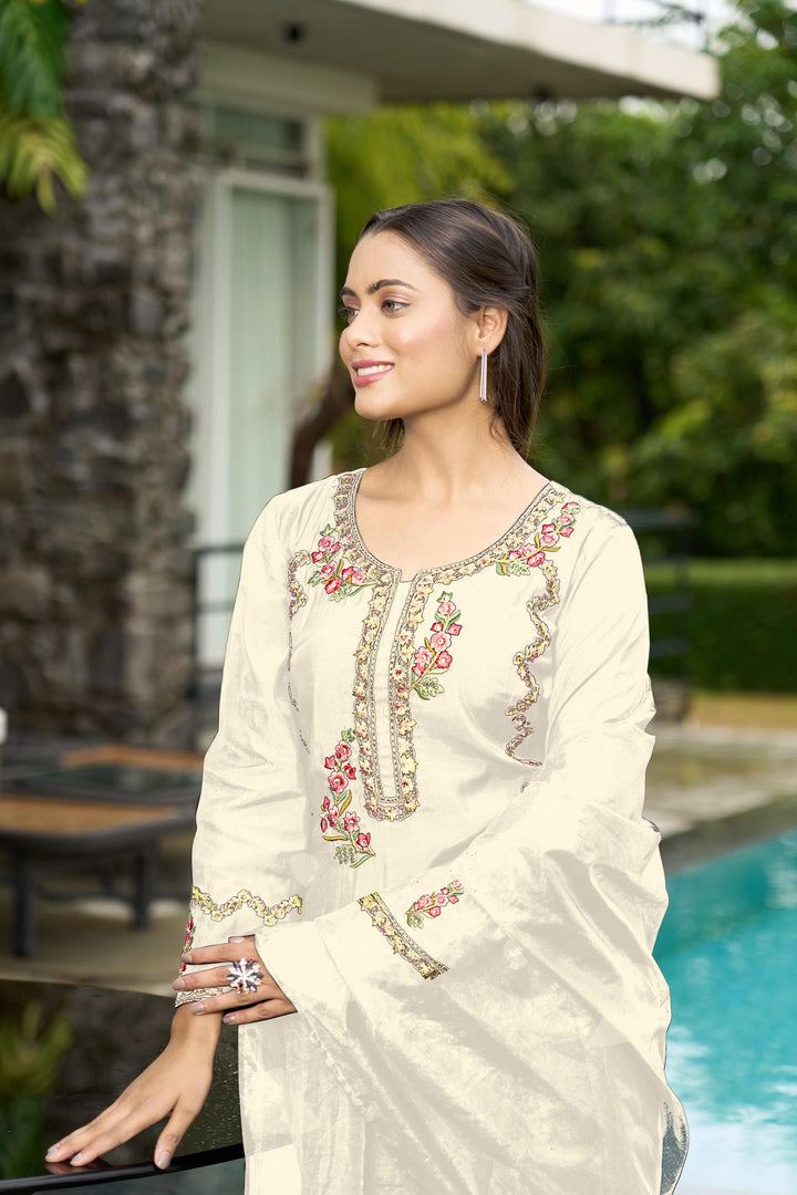Cream Embroidered Art Silk Straight Suit