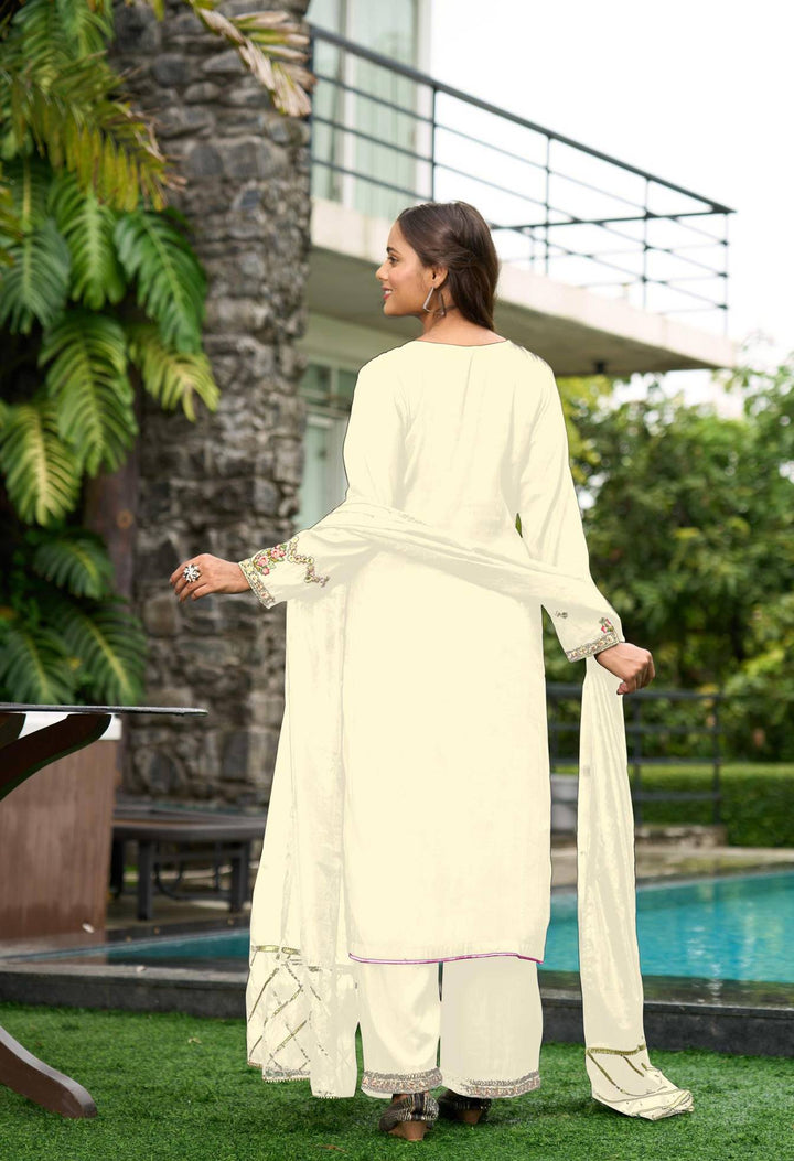 Cream Embroidered Art Silk Straight Suit