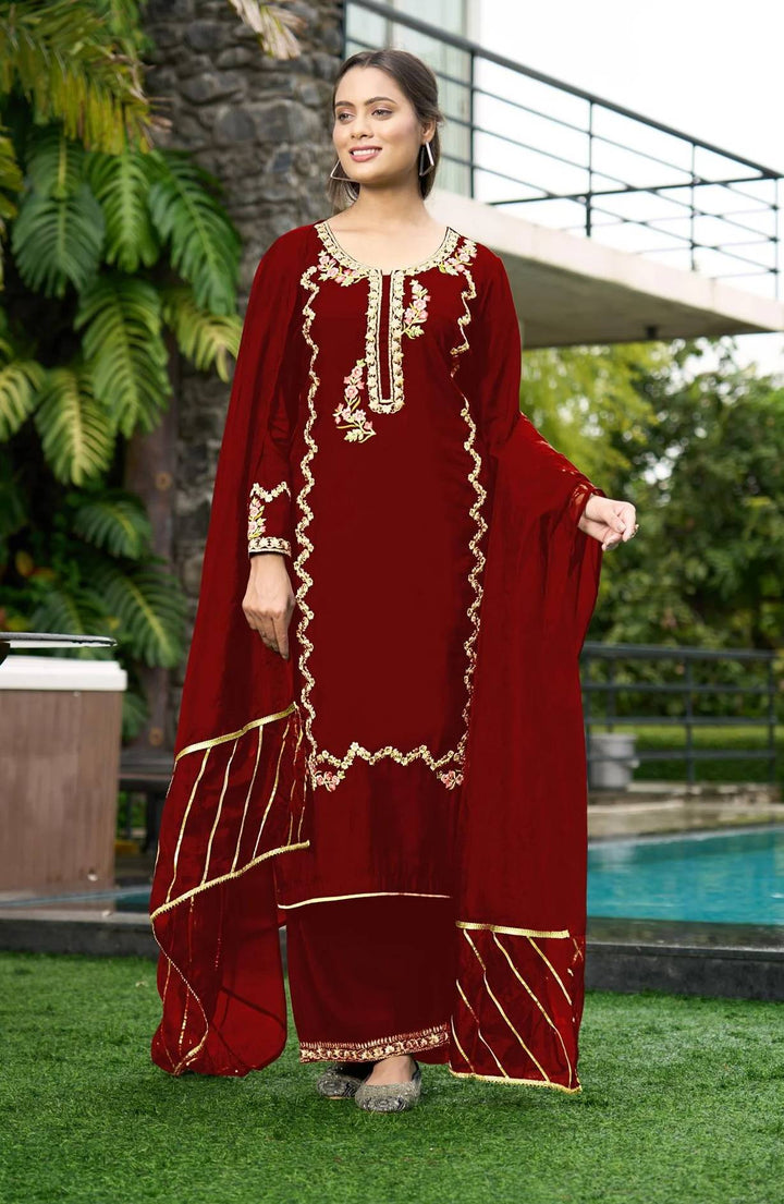 Maroon Embroidered Art Silk Straight Suit