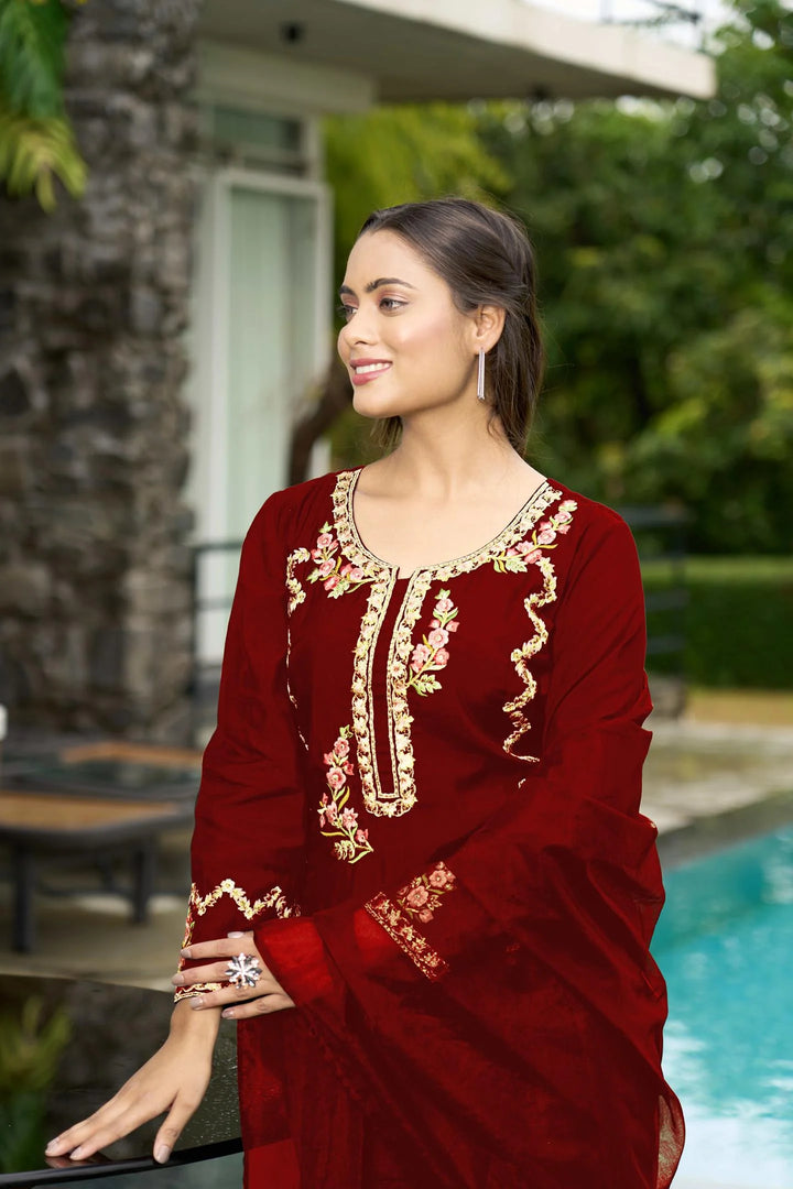 Maroon Embroidered Art Silk Straight Suit